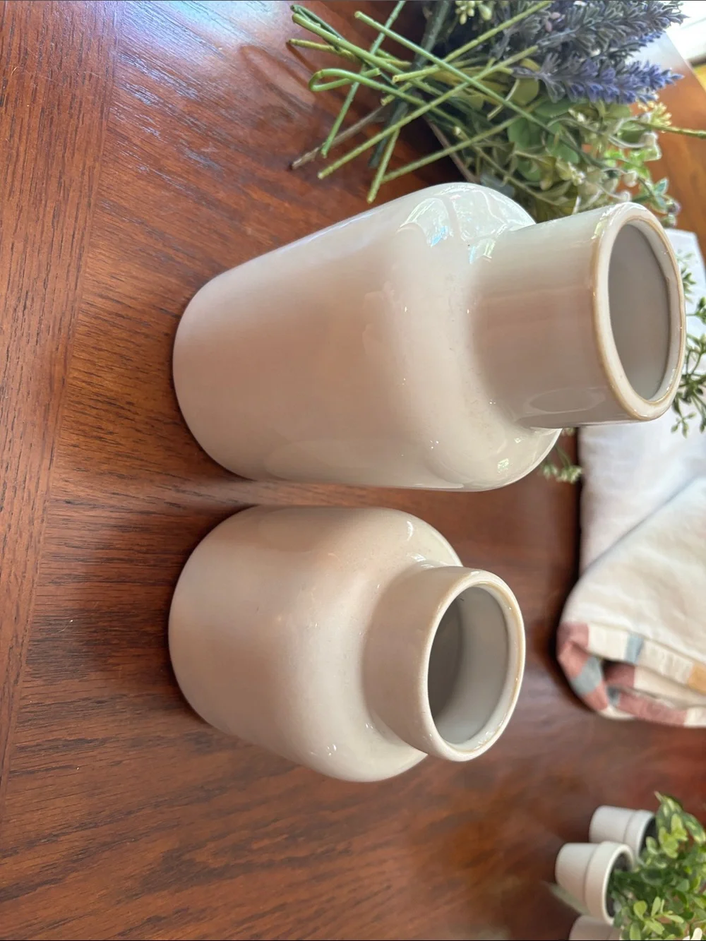 Neutral Ceramic Vase with Green and Purple Faux Floral Arrangement
